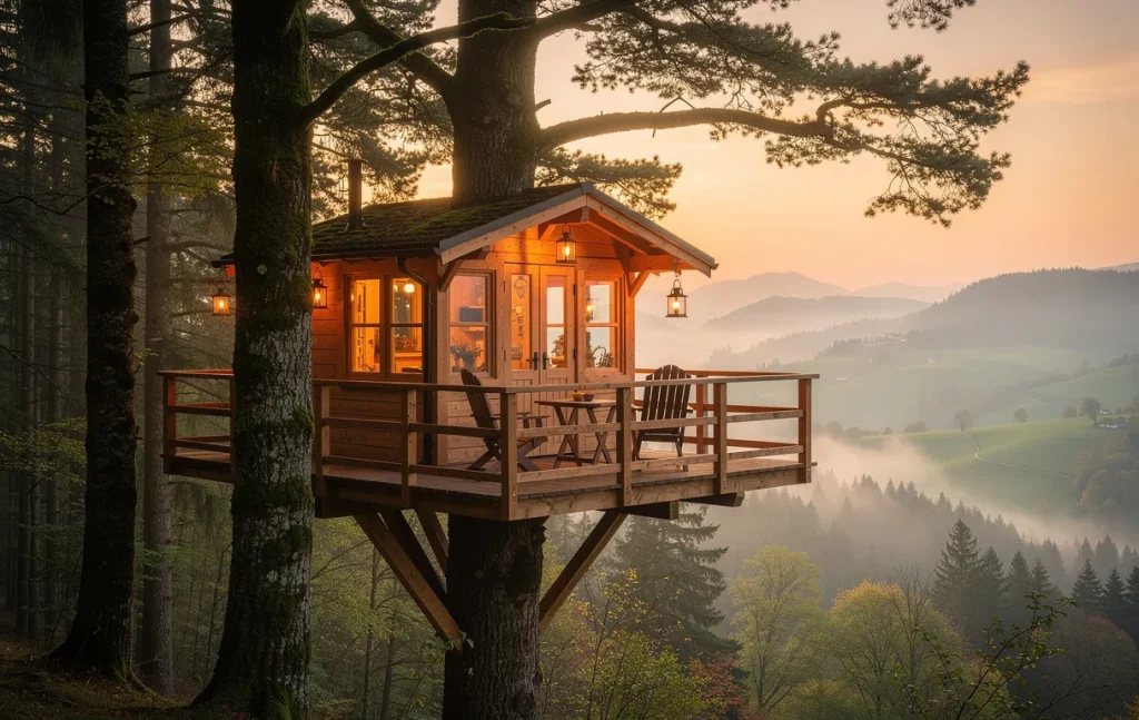 Une cabane perchée dans un arbre éclairée par des lanternes, entourée d’une forêt brumeuse du Jura au coucher du soleil avec des collines verdoyantes à l’arrière-plan.