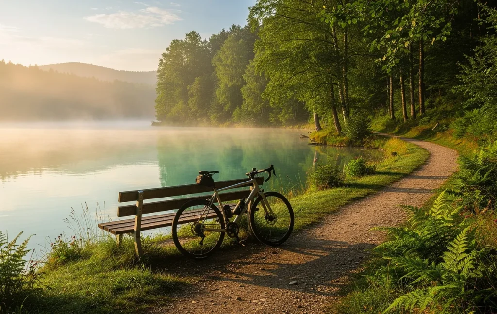 Un sentier paisible longe le lac de Clairvaux, bordé de verdure, où un vélo repose contre un banc en bois sous une brume matinale et une lumière douce.