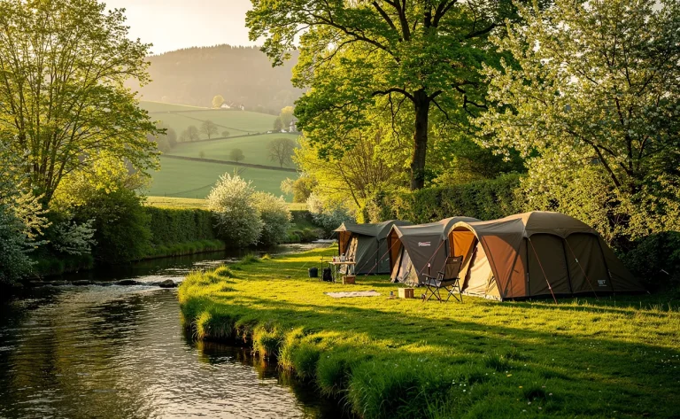 Un campement paisible avec des tentes est installé au bord d’un ruisseau dans une campagne verdoyante du Jura baignée par la lumière dorée du soir.