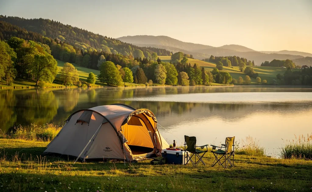 Une tente familiale est installée au bord d’un lac paisible dans le Jura, entourée de forêts verdoyantes et de collines sous une lumière dorée du soir.