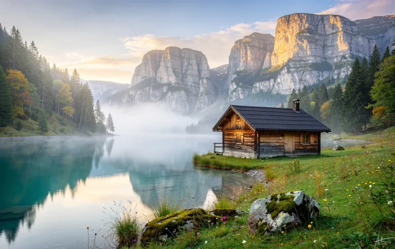 Un chalet de montagne se trouve au bord d’un lac turquoise, entouré de forêts brumeuses et de falaises calcaires dans le Jura, sous une lumière matinale douce.