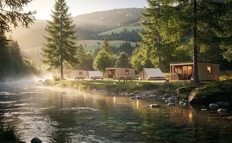 Un paisible camping avec des tentes et des cabanes modernes est installé près d’une rivière bordée de pins dans le Jura, sous une lumière dorée du soir.