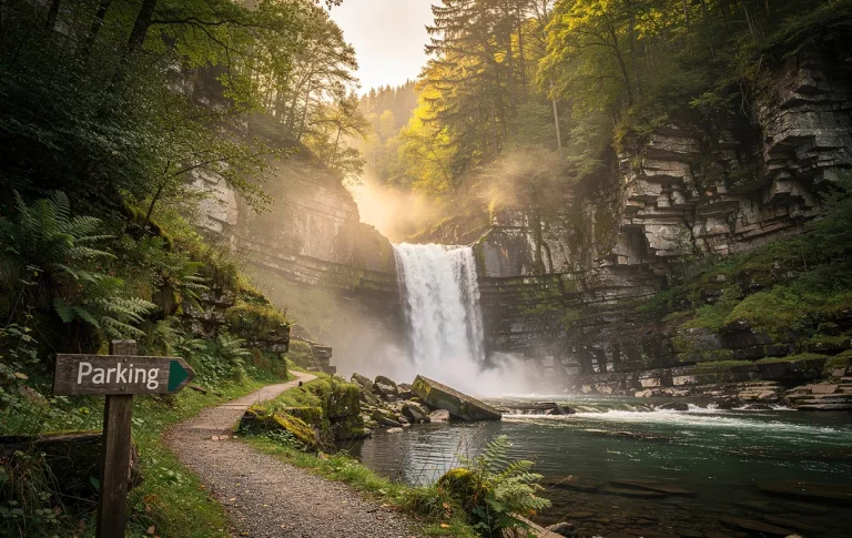 La cascade de la Langouette s’écoule dans une gorge étroite entourée de forêt verdoyante, avec un panneau de stationnement au premier plan sous une brume matinale.