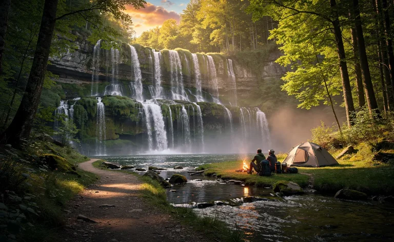 Les cascades du Hérisson dévalent des falaises verdoyantes dans le Jura, près d’un sentier forestier où un campement et des campeurs autour d’un feu profitent de la lumière dorée à travers les arbres.