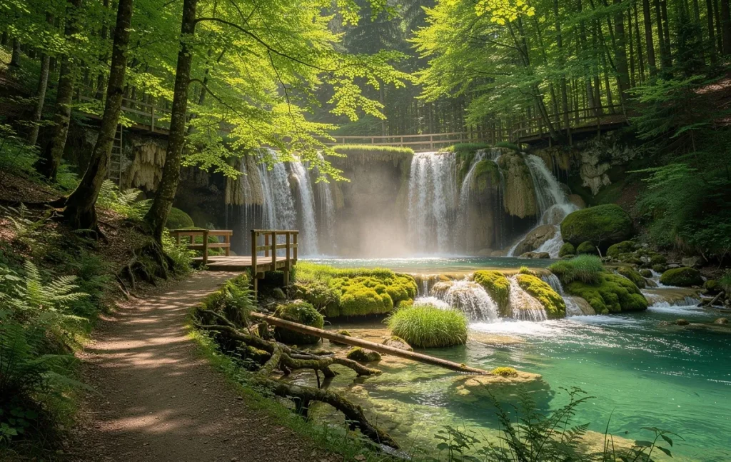 Cascade des Tufs entourée de mousse verte et d’arbres, avec un sentier ombragé menant à des plateformes d’observation sous une lumière tamisée.