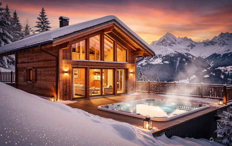 Un chalet en bois entouré de montagnes enneigées au coucher du soleil, avec un spa fumant sur la terrasse et une vue panoramique sur le paysage alpin.