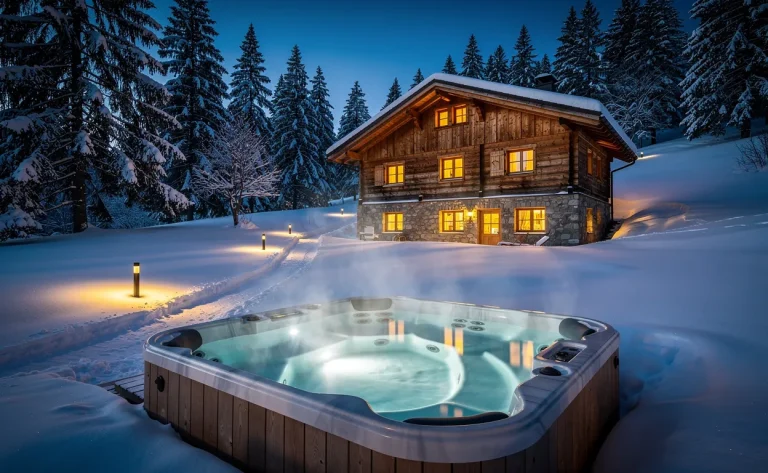 Un chalet en bois éclairé se trouve dans les montagnes enneigées du Jura au crépuscule, avec un jacuzzi fumant à l’extérieur entouré de sapins.