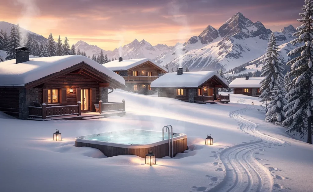 Des chalets en bois aux fenêtres illuminées sont entourés de neige, de sapins, de traces de ski et d’un bain à remous fumant au coucher du soleil en montagne.