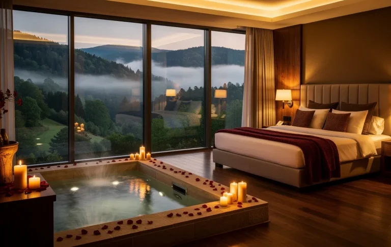 Chambre romantique avec jacuzzi privé, vue sur forêts du Jura à travers de grandes fenêtres et éclairage tamisé par des bougies.