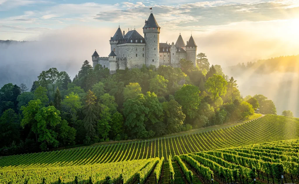 Un château de pierre se dresse sur une colline brumeuse du Jura, entouré de forêts verdoyantes et de vignobles sous une lumière dorée du matin.