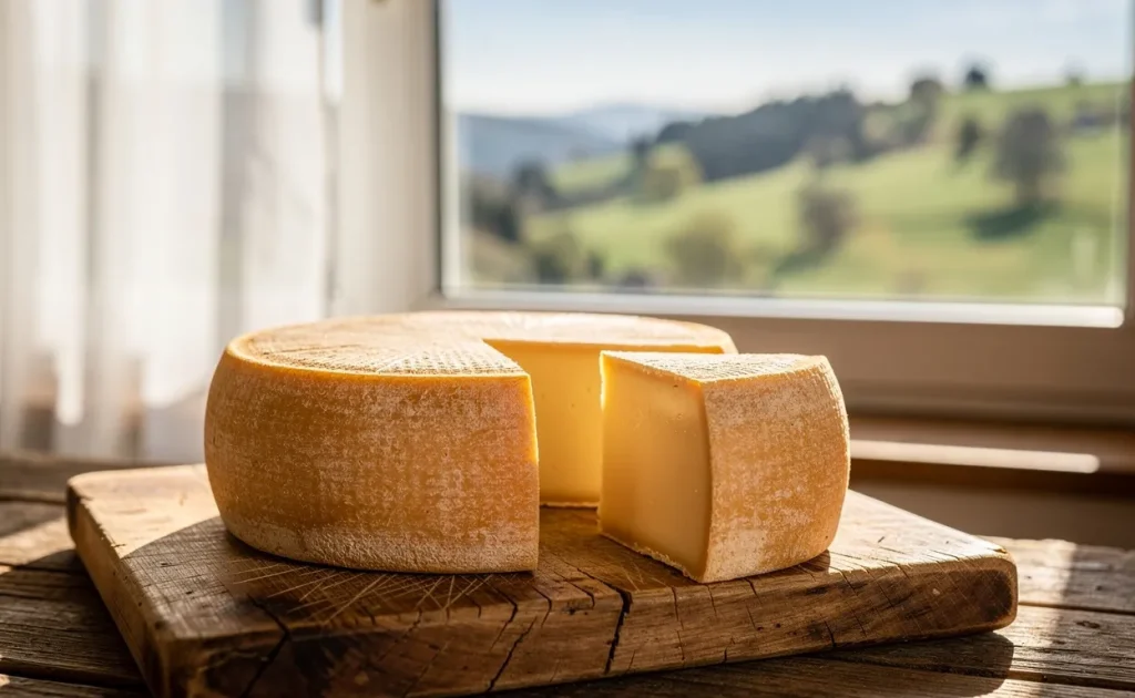Un fromage Jura entier avec une part découpée montre sa pâte dorée sur une planche en bois devant une fenêtre ensoleillée et des collines verdoyantes.