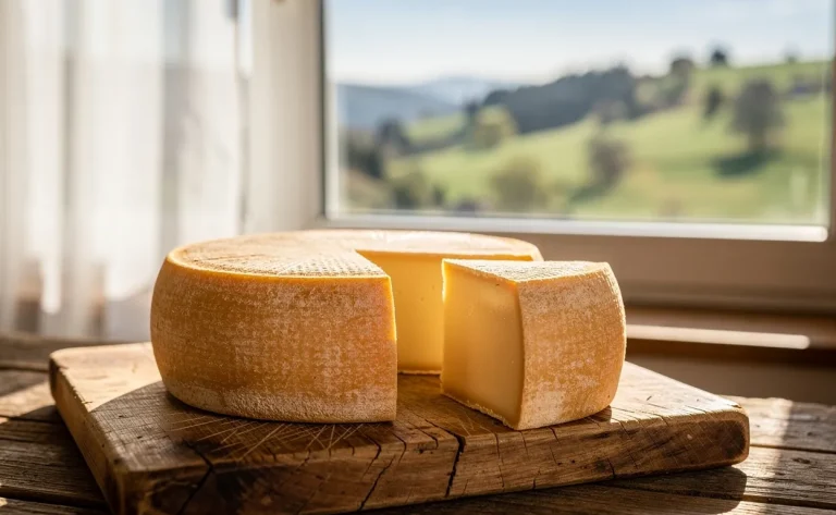 Un fromage Jura entier avec une part découpée montre sa pâte dorée sur une planche en bois devant une fenêtre ensoleillée et des collines verdoyantes.