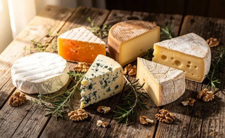 Sept fromages jurassiens variés sont disposés sur une table en bois rustique entourés de noix et de fines herbes sous une lumière matinale.