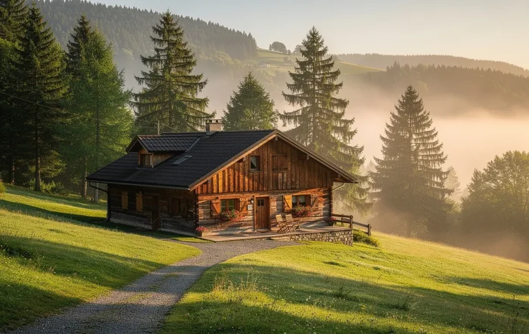 Un gîte en bois niché dans les collines verdoyantes de Foncine-le-Haut entouré de pins sous une lumière matinale brumeuse.
