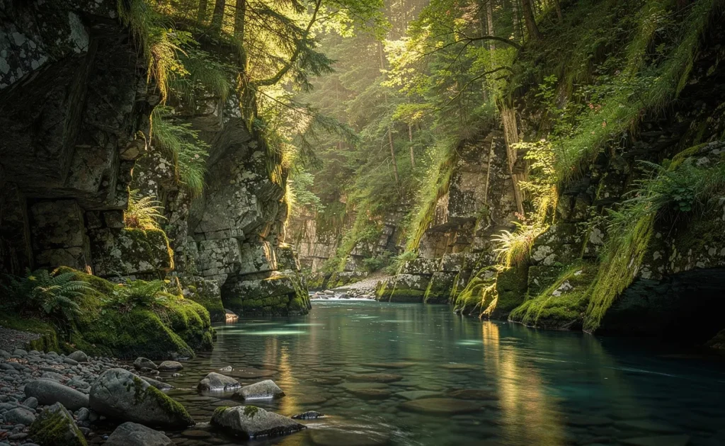 Vue sur les Gorges de l'Abîme avec un canyon étroit couvert de mousse, de l’eau claire et des rayons de soleil filtrant à travers la forêt.