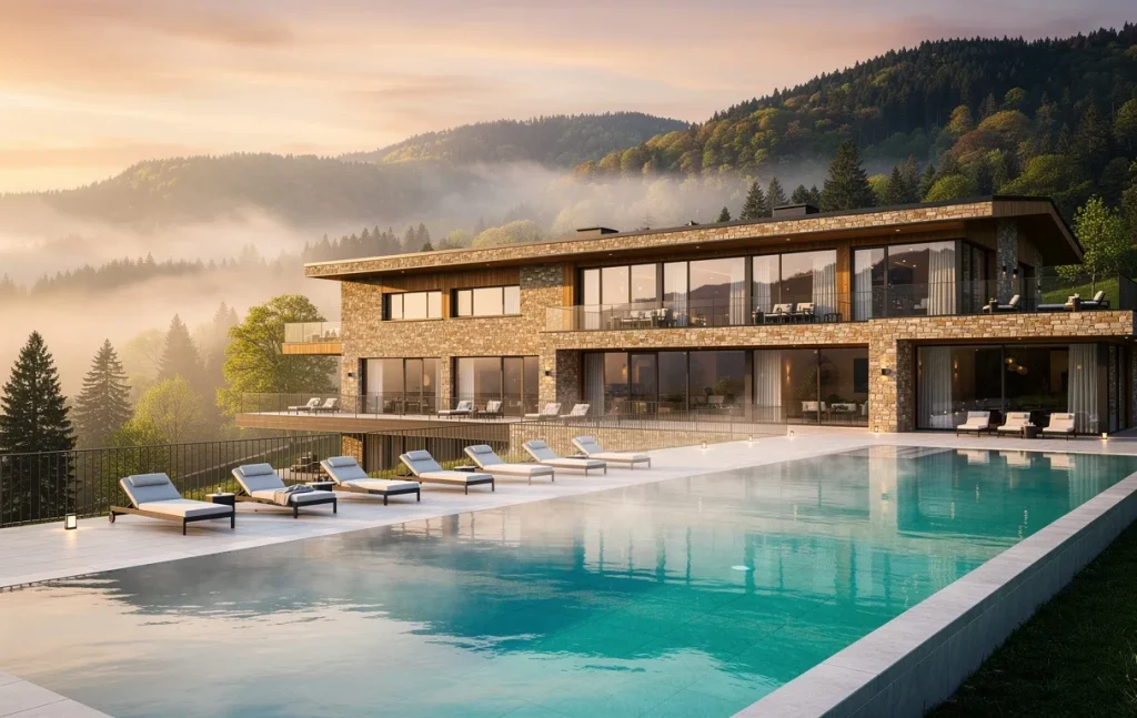 Hôtel élégant avec spa et piscine turquoise au cœur des montagnes du Jura, surplombant des collines boisées sous une lumière dorée de coucher de soleil.