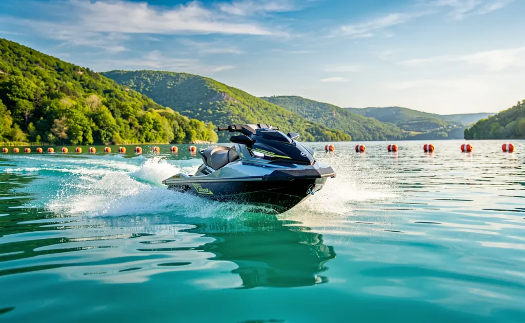 Un jet ski glisse sur les eaux turquoise du lac de Vouglans près de collines verdoyantes, avec des bouées de sécurité au loin sous un ciel d'été clair.