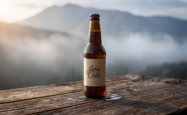 Une bouteille de Jura Cola artisanale repose sur une table en bois brut avec les montagnes du Jura et de la brume en arrière-plan.