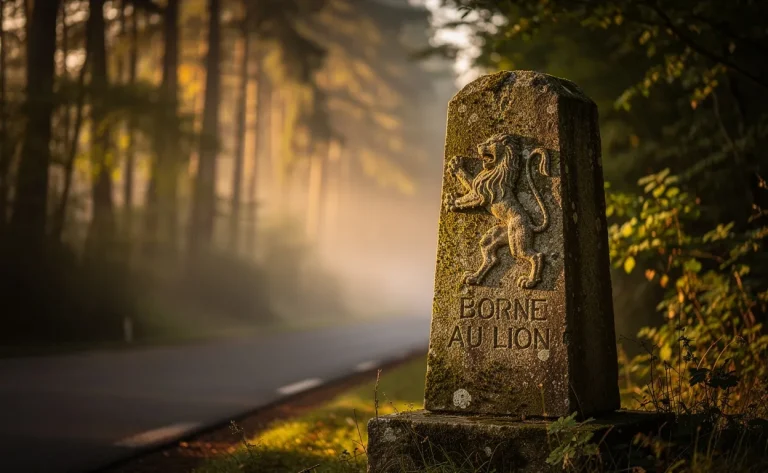 La borne au Lion en pierre se dresse seule au bord d’une route forestière au lever du soleil, éclairée par une lumière dorée à travers les arbres et une brume légère en arrière-plan.