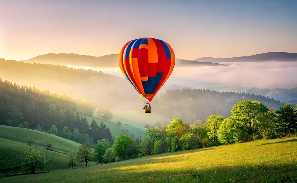 Une montgolfière colorée survole les collines verdoyantes et les forêts brumeuses du Jura au lever du soleil, sous une lumière dorée apaisante.