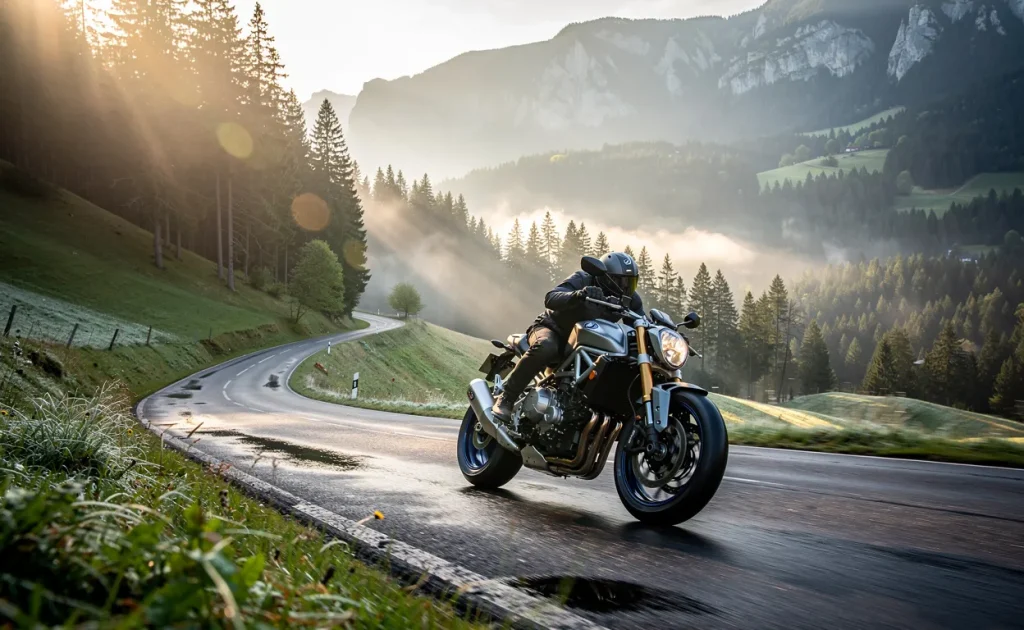 Une moto traverse une route sinueuse de montagne dans le Jura au milieu de forêts de pins baignées par la brume et la lumière dorée du matin.