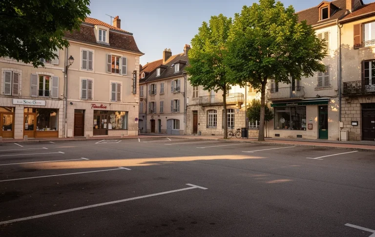 Un parking vide au centre de Dole entouré d’architecture française et d’arbres sous une lumière douce de l’après-midi.