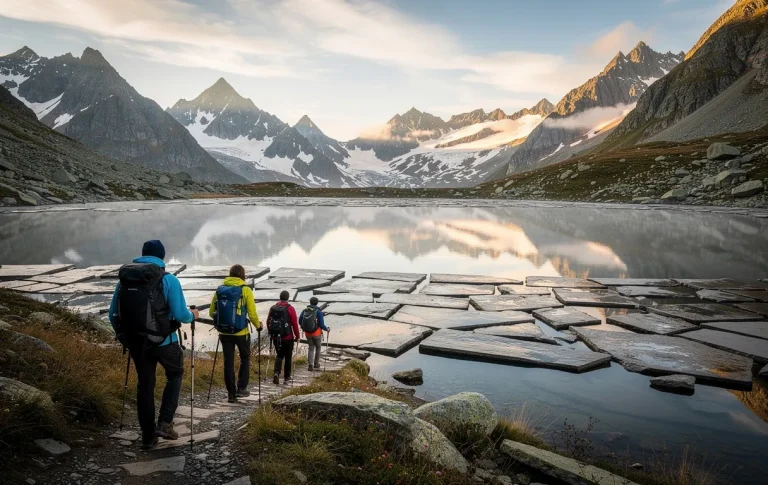 Des randonneurs marchent sur des dalles de pierre traversant le Lac des Vaches, entouré de montagnes sous une lumière matinale dorée.