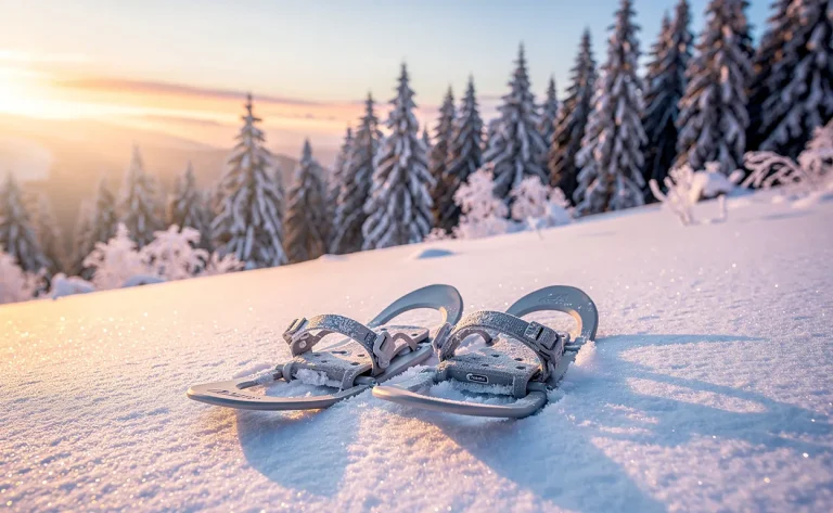 Une paire de raquettes repose sur la neige fraîche dans les montagnes du Jura au lever du soleil, entourée de pins givrés sous une lumière dorée.
