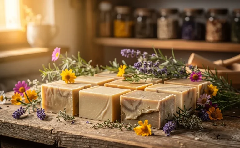 Des savons artisanaux naturels sont alignés sur une table en bois rustique, entourés de brins d’herbes fraîches et de fleurs des champs dans un atelier du Jura éclairé par la lumière du soleil.