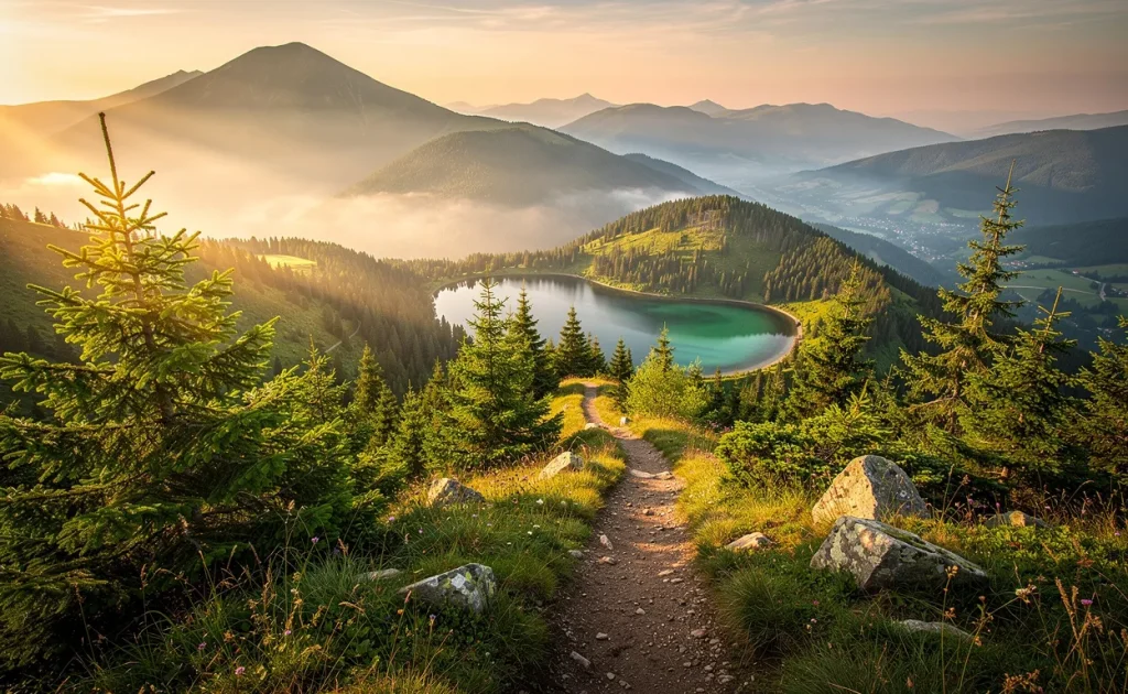 Un sentier serpente à travers les forêts verdoyantes et les montagnes du Haut-Jura, surplombant des lacs alpins limpides sous un coucher de soleil doré.