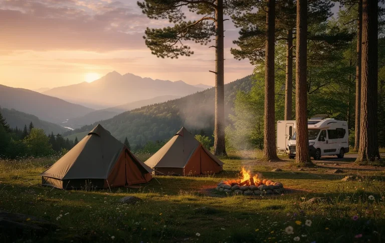 Un campement paisible avec des tentes et un van sous des pins, un feu de camp allumé et les montagnes en arrière-plan au coucher du soleil.