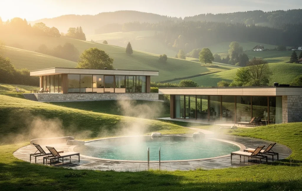 Deux bâtiments de spa thermal entourés de collines verdoyantes du Jura avec des bassins extérieurs fumants sous la lumière douce du matin.