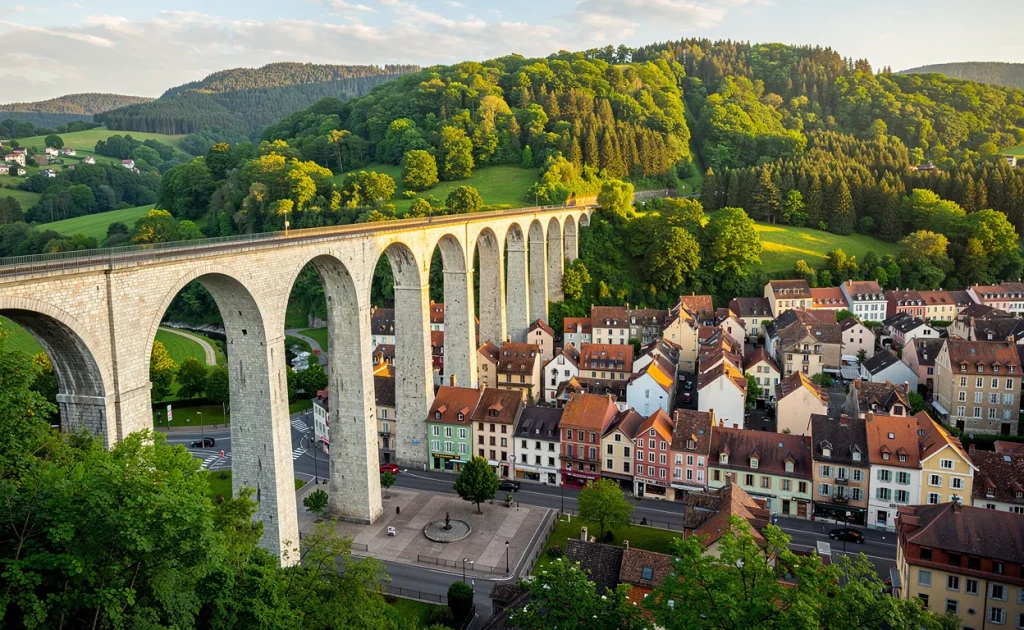 Un viaduc franchit la ville colorée de Morez, entourée de collines verdoyantes sous une lumière douce de l’après-midi.