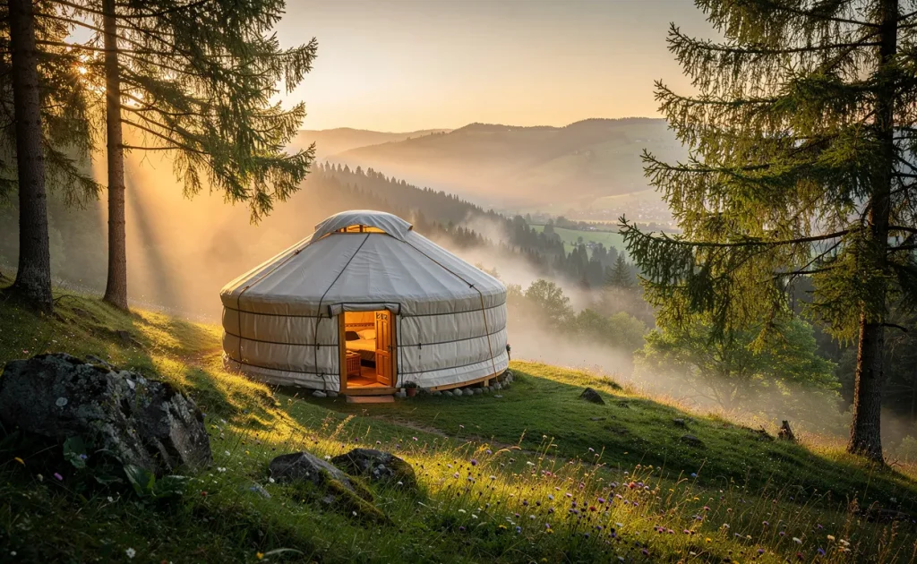 Une yourte accueillante se trouve au cœur d’un paysage verdoyant du Jura au crépuscule, baignée d’une lumière dorée entre les pins et la brume.