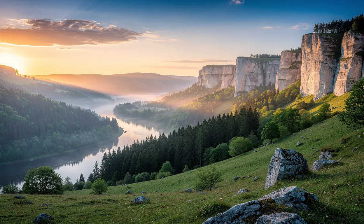 Paysage du parc naturel du Jura avec collines verdoyantes, forêts denses, rivière sinueuse et falaises calcaires sous une lumière dorée et une légère brume.