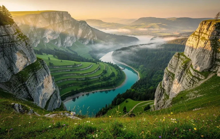 Paysage du Jura avec vallées verdoyantes, falaises de calcaire, lacs turquoise et brume matinale sous une lumière dorée.