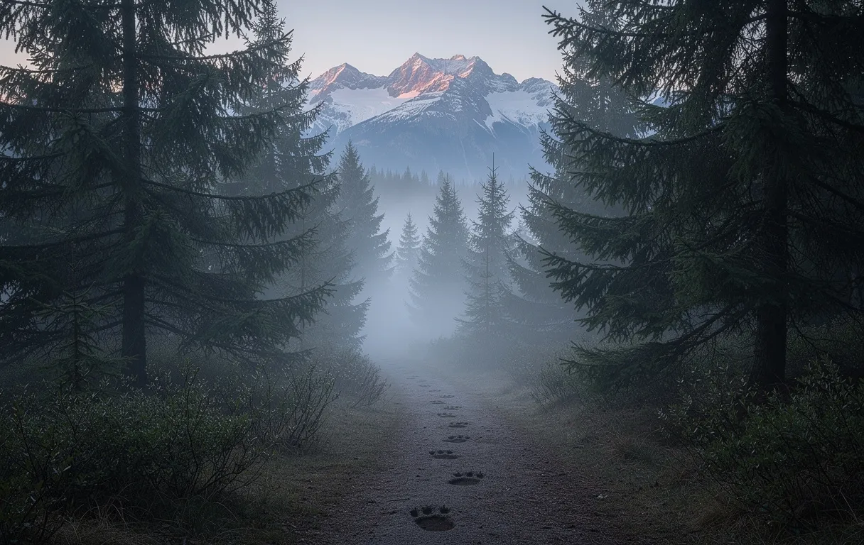 Forêt brumeuse du Jura à l’aube avec des sapins, des sommets enneigés au loin et des traces d’ours visibles sur la terre meuble.