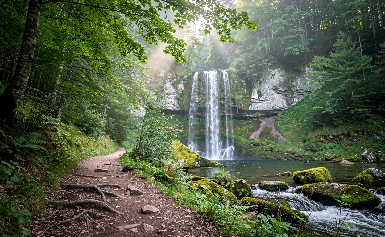 La cascade de la Quinquenouille coule à travers une forêt verdoyante du Jura, avec un sentier sinueux menant vers sa base sous une lumière matinale brumeuse.