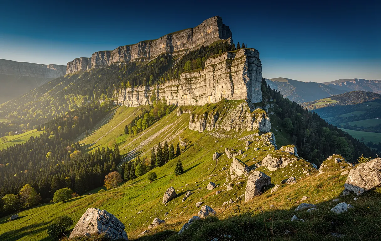 Un crêt calcaire s’élève au-dessus de pâturages et forêts verdoyants des montagnes du Jura sous un ciel bleu, éclairé par le soleil.