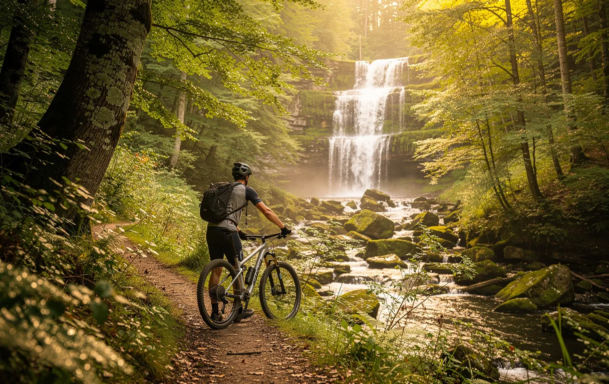 Un cycliste arrêté sur un sentier forestier observe les cascades du Hérisson entourées de verdure et de brume matinale dans le Jura.