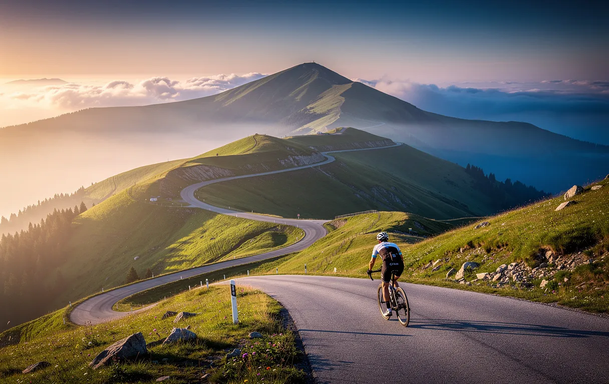 Un cycliste solitaire gravit une route sinueuse de montagne à travers les collines verdoyantes du Jura sous un lever de soleil doré avec de la brume dans les vallées.
