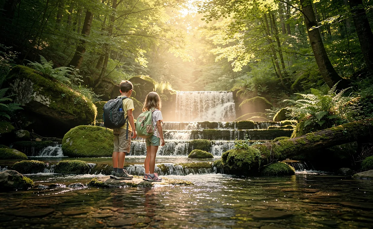 Deux enfants se tiennent au bord d’une cascade entourée d’une forêt verte et de rochers couverts de mousse sous une lumière douce.