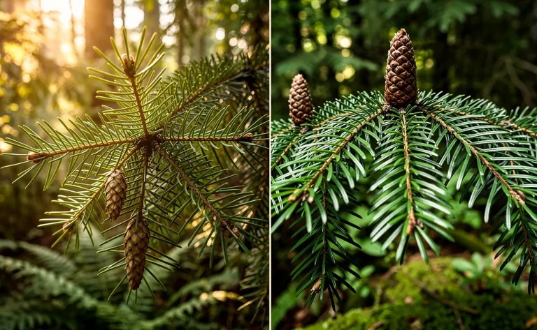 Des branches d’épicéa et de sapin côte à côte en forêt, montrant leurs aiguilles et cônes sous une douce lumière matinale.