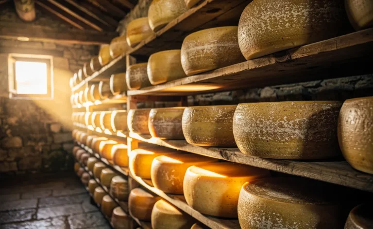 Des meules de comté affinées reposent sur des étagères en bois dans une cave du Jura, éclairées par une lumière douce provenant d’une petite fenêtre.