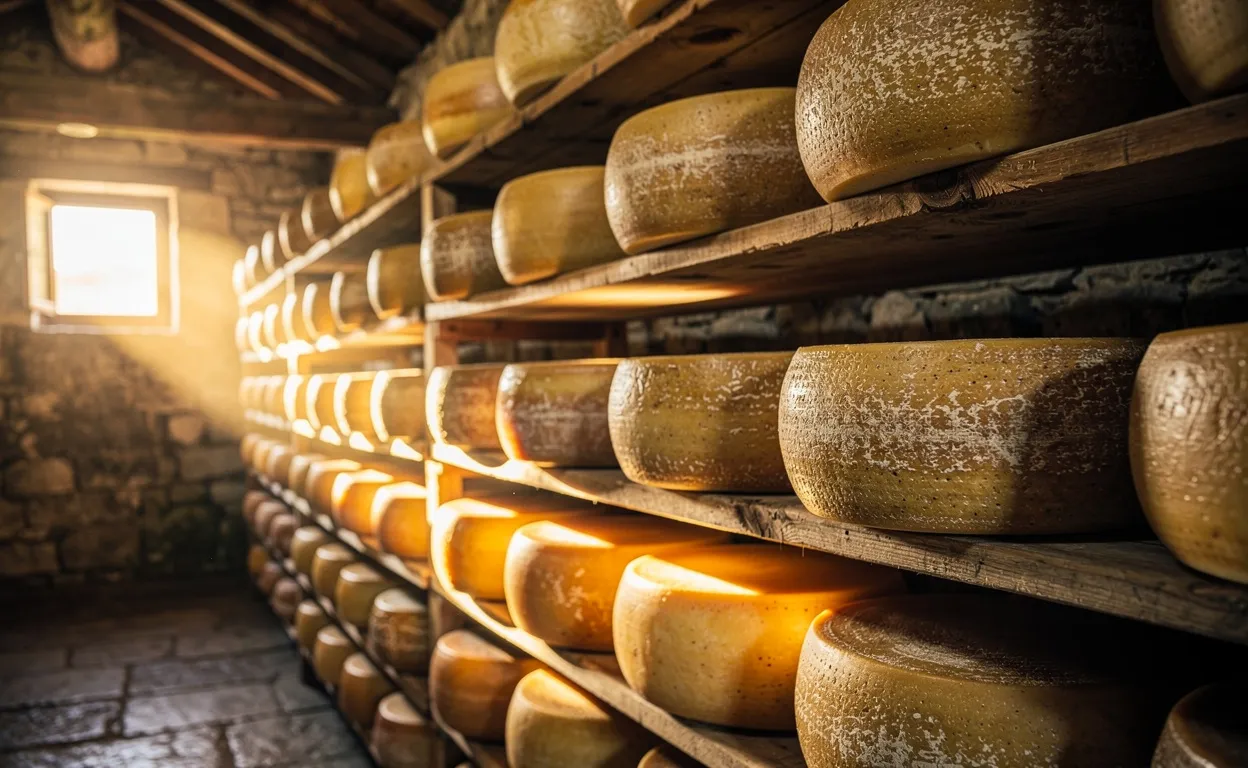 Des meules de comté affinées reposent sur des étagères en bois dans une cave du Jura, éclairées par une lumière douce provenant d’une petite fenêtre.