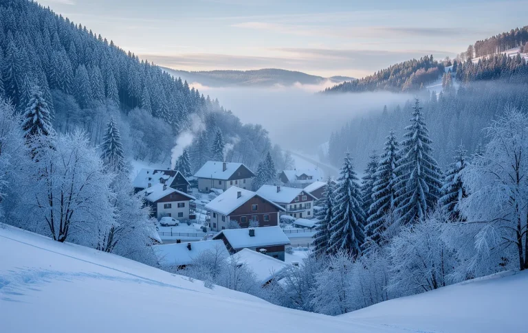 Le village de Mouthe repose dans une vallée enneigée à l’aube, avec des toits givrés et des sapins sous un ciel brumeux.