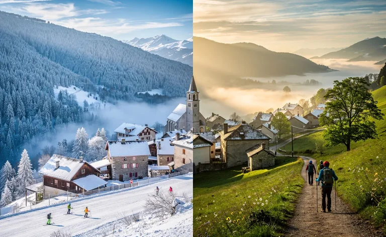 Village de Mouthe entre collines boisées, moitié enneigée avec skieurs et moitié verdoyante avec randonneurs sous une lumière douce du matin.