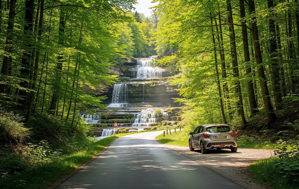 Une route de campagne serpente à travers une forêt verdoyante vers les cascades du Hérisson, où une voiture est garée près d’un chemin sous une lumière tamisée.
