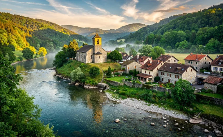 Vue du village de Saint-Hippolyte dans les collines du Jura, avec son église en pierre surplombant une rivière claire entourée de forêts verdoyantes en fin de journée.