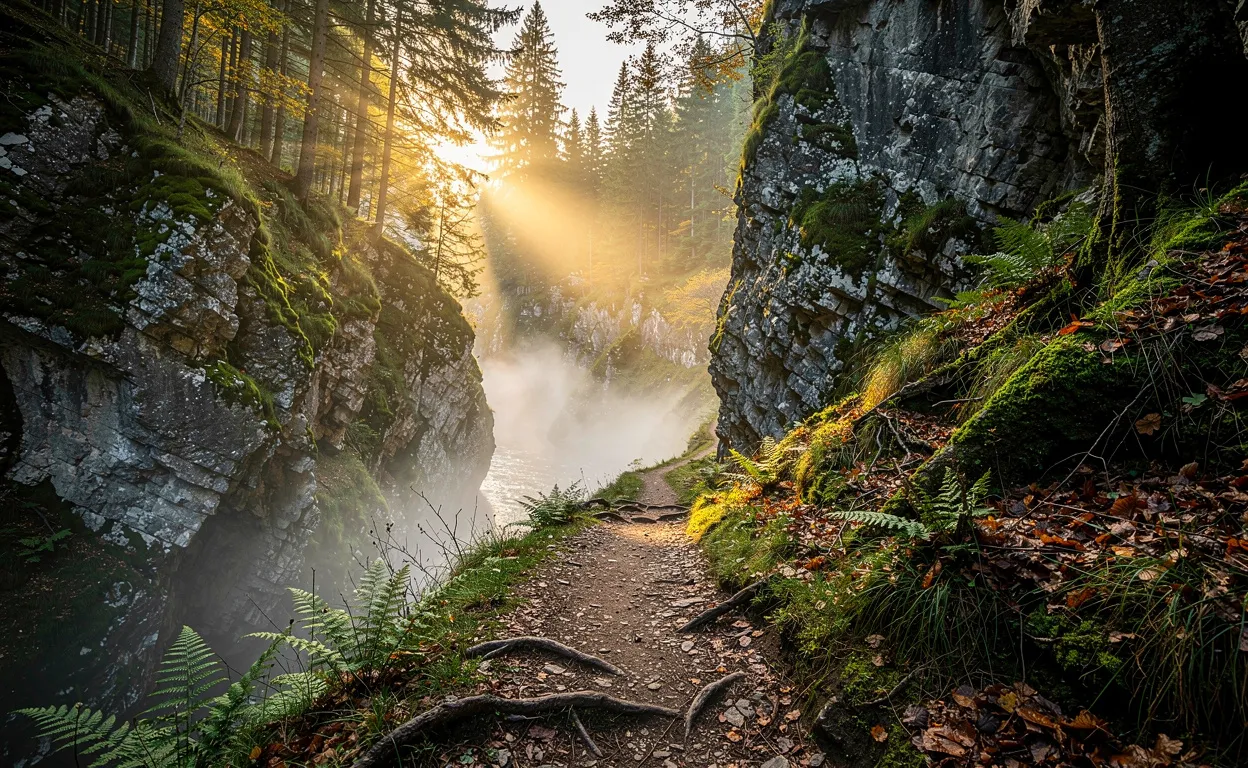Un sentier étroit serpente entre les falaises verdoyantes et la forêt dense de la vallée de Haute-Seille, baigné de brume matinale et de lumière filtrée.